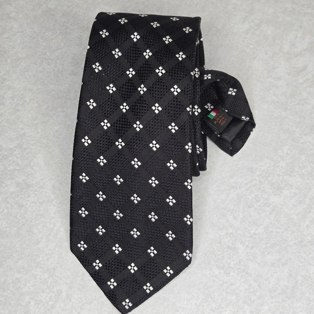 Serica Made in Italy Silk Necktie Black & White Diamond Pattern Formal‎ Career